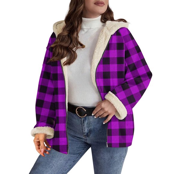 Besolor Women's Fleece Jacket Plaid Zip up Sherpa Lind Warm Winter Hooded Coat Casual Fuzzy Outerwear