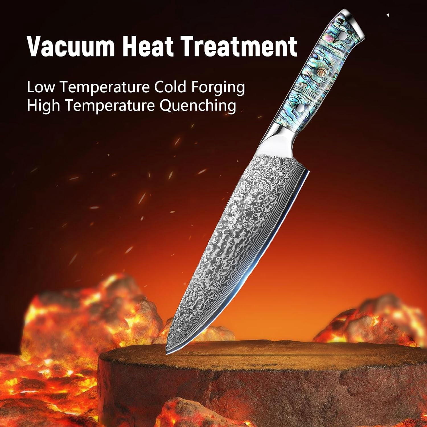 Damascus Steel Chef Knife 8 Inch, Japanese Professional 10Cr15MOV Blade with Hand Forged Hammer Pattern, Ultra Sharp Kitchen Knife with Abalone Shell Ergonomic Handle