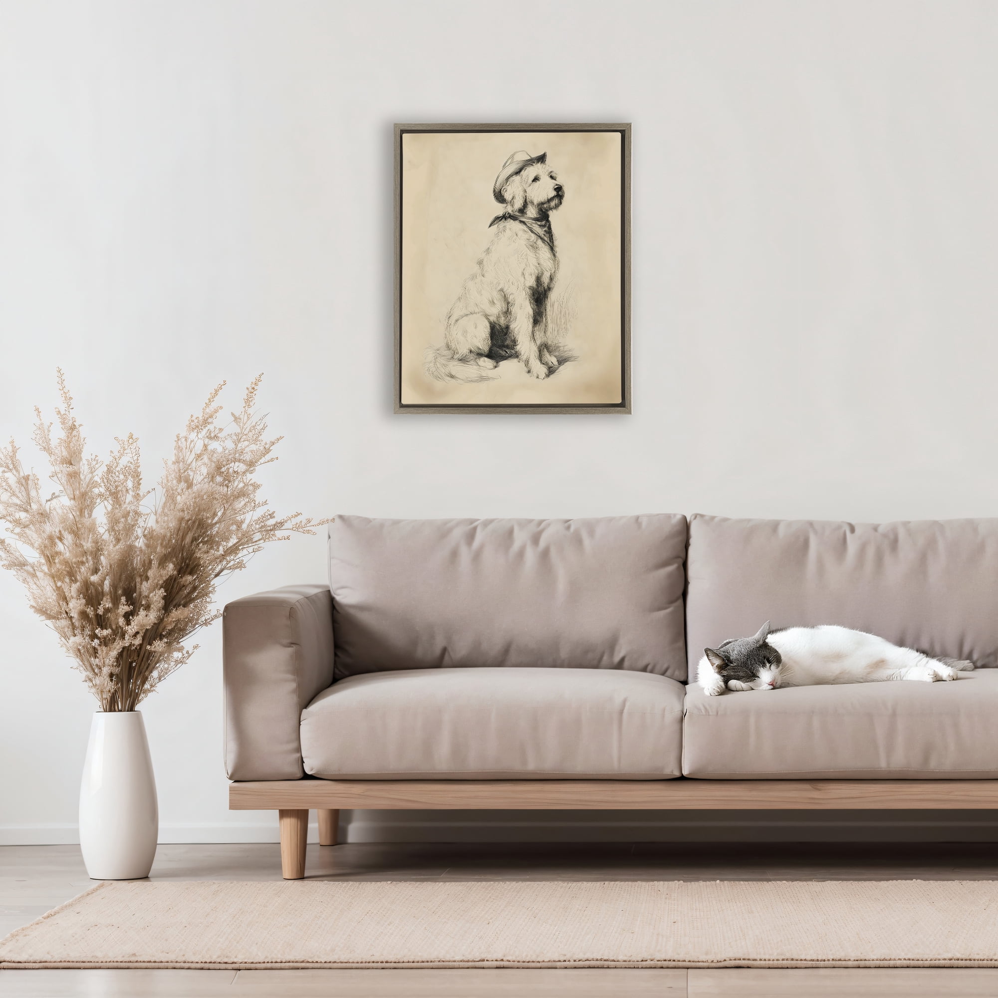 Stupell Industries Cowboy Goldendoodle Sketch Brown Framed Floater Canvas Wall Art, design by Arlington Prints