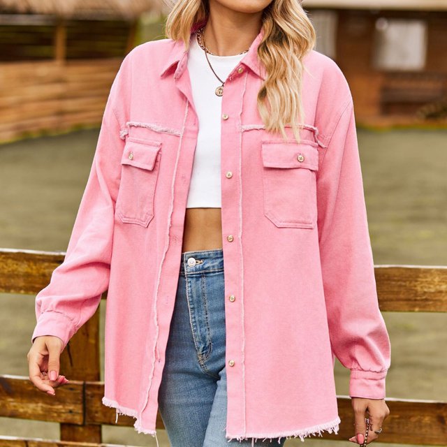 Summer Tops Denim Furred Edge Washed Fringe Top Casual Long Sleeve Summer Shirts for Women Pink S
