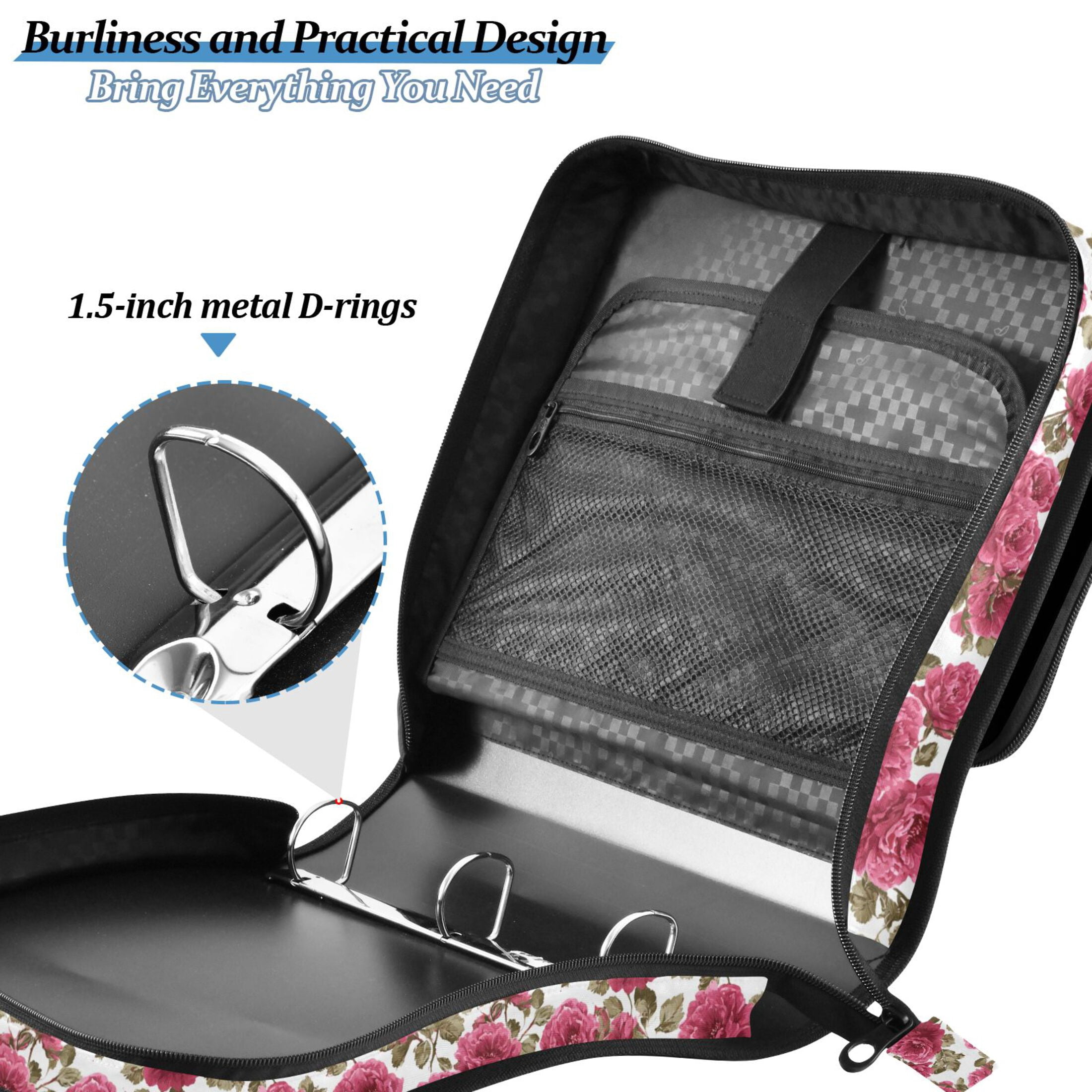 Zipper Binder Rose 1.5 Inch Binder Folder Bag with Shoulder Strap and Handle