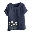 thumbnail image 4 of Cmfcve Women's Graphic Tops Short Sleeve Round Neck Cotton Linen Tee Shirt Daisy Printed Henley Blouse, 4 of 5