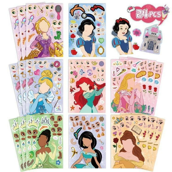 Face Stickers 24 Sheets –Fairytale Princess 8 unique cartoon kids stickers set, cute and fun story toy anime stickers, party gifts for birthdays, special events