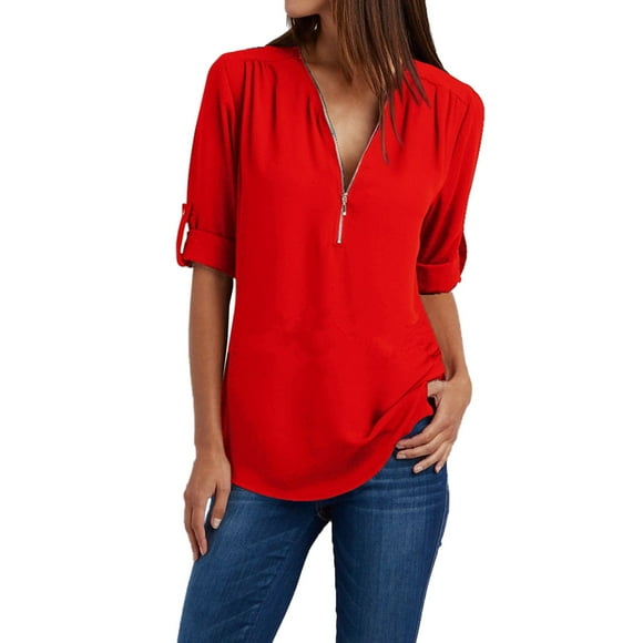 MSJUHEG Womens Tops Going Out Tops for Women Button Women Ladies Clothing Loose Shirt Chiffon Zipper Long Sleeves Plus Size Tops Red Tops for Women Crop Tops for Women Shirts for Women Red Xxl