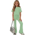 thumbnail image 6 of Teen Girls Solid Color Clothes 2 Piece Outfit Classic Short Sleeve Tee Basic Top Bell Bottom Pants Set Casual Flare Trouser Sweatsuit Activewear Suit, 6 of 7