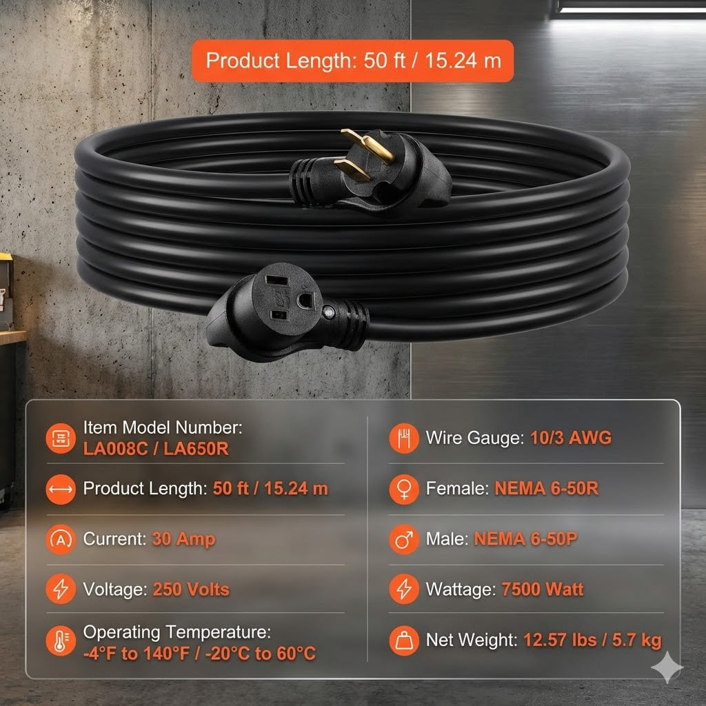 50ft Welder Extension Cord, 30A/250V, NEMA 6-50P, 10/3 AWG Pure Copper Cable, for Outdoor MIG/TIG/Plasma Welding