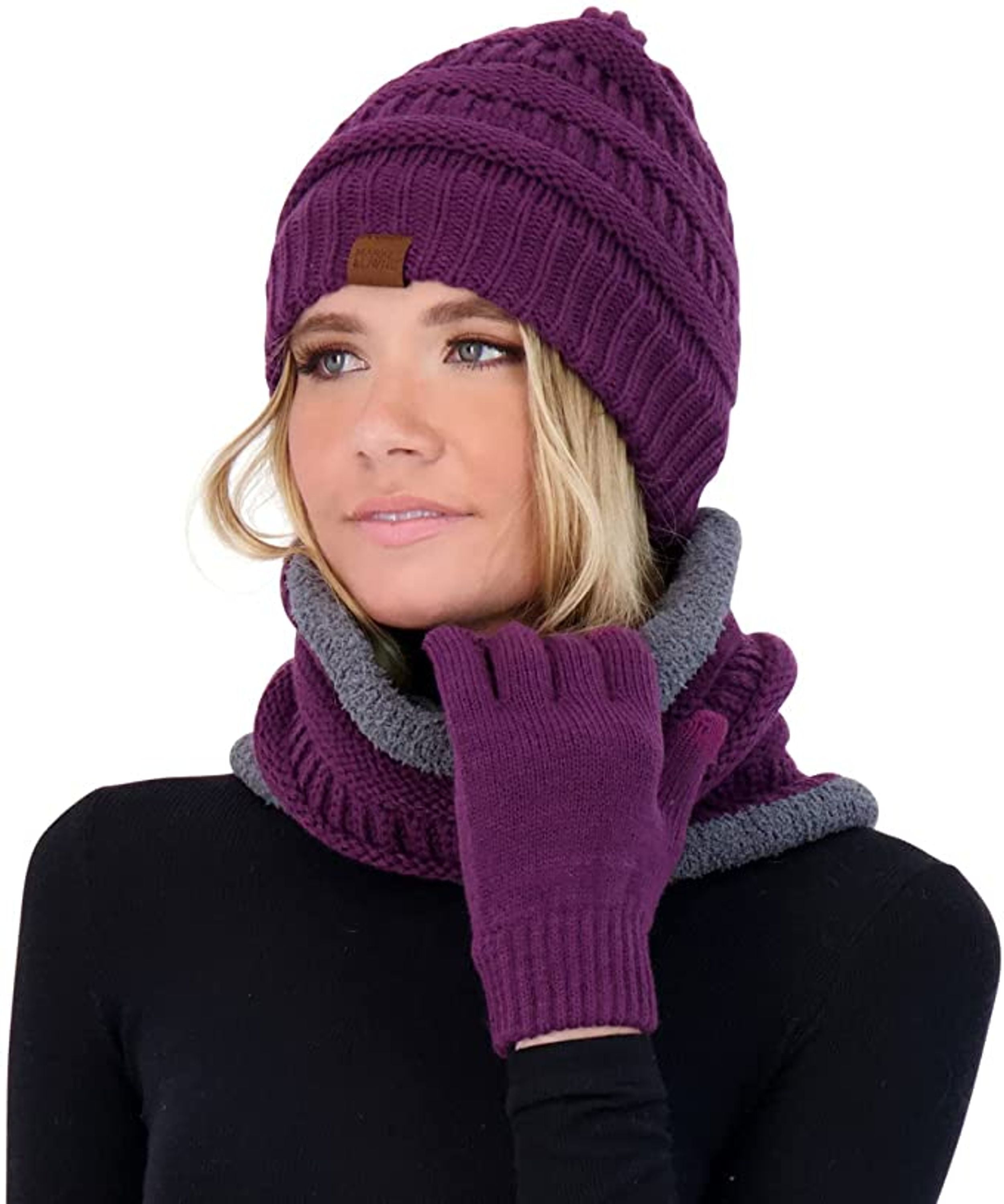 Winter Hat Scarf and Gloves Set for Women Knit Beanie Winter Gloves and