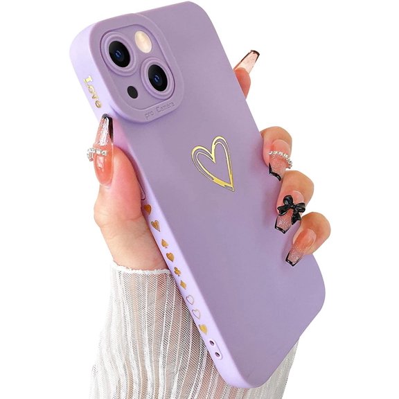 Compatible with iPhone 13 Mini Case Gold Heart Pattern Soft Liquid Silicone Shockproof Case for Women Girls Side Cute Plated Heart Pattern Slim Phone Case (Black)