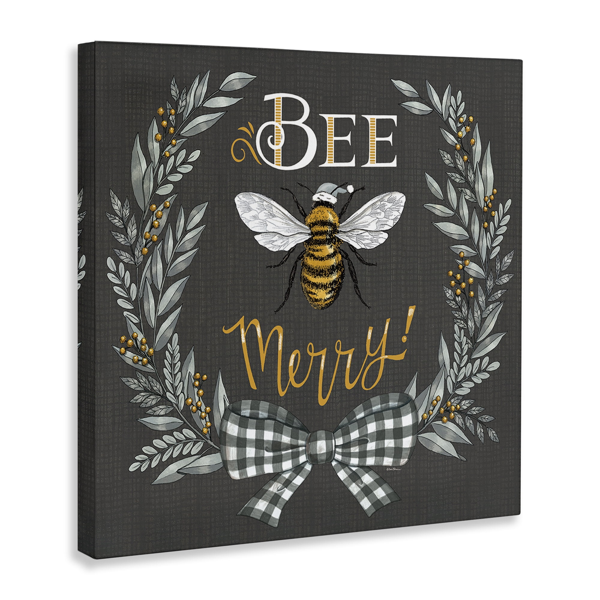 Stupell Industries Bee Merry with Garland Plants & Flowers Painting Wrapped Canvas Art Print Wall Art, 24 x 24