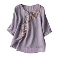 thumbnail image 2 of ICHUANYI Clearance Womens Spring Summer Solid Color Casual Loose Fashion T-Shirt Five-point Sleeve V-Neck Embroidery Button Tops Cotton And Linen Blouse(Purple, M) ICHUANYI WER2023080915983, 2 of 6