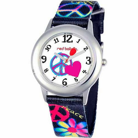 Red Balloon Peace, Love & Happiness Girls' Stainless Steel Watch, Black Strap