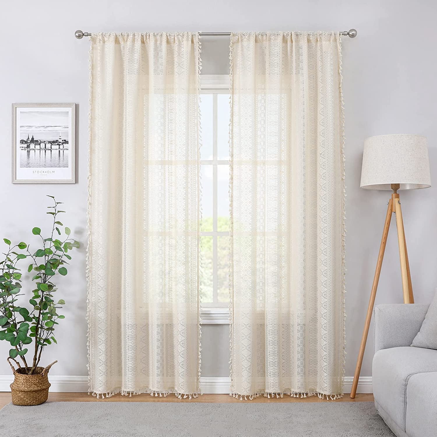 Bohogeo Beige Linen Textured Tassel Sheer Lace Curtain Panels, Farmhouse Chic Crochet Geometry Knitting Rod Pocket Window Drapes for Living Room/Bedroom or Kid Room, 2 Panels,Beige, 95" L x 40" W