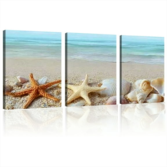 Beach Picture Decor Ocean Painting Canvas Wall Art Prints of Starfish and Seashell on Sandy Seaside Ready to Hang for Living Room Bedroom Office Wall Decor Home Decoration12x16x3pcs