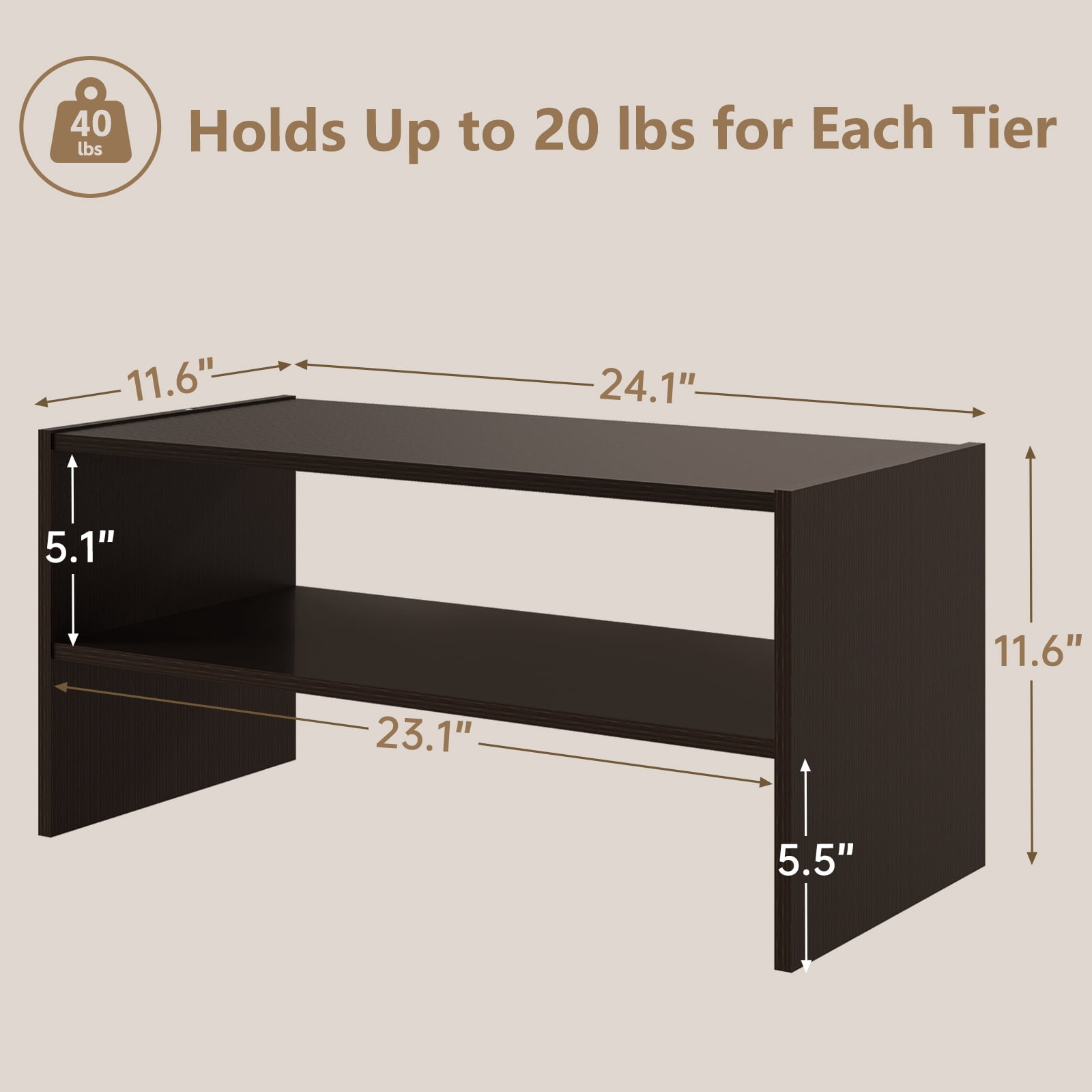 Prilinex Stackable 2-Tier Dark Wood Shoe Rack, 24" Small Wooden Shoe Rack for Closet & Entryway, Modular Shoe Organizer & Shoe Shelf for Small Spaces, Espresso