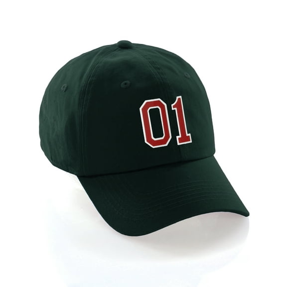 Customized Number Hat 00 to 99 Team Colors Baseball Cap, Dk Green Hat White Red Number 01