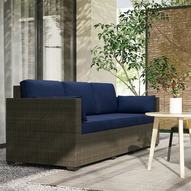 Outsunny Wicker Patio Couch, PE Rattan 3-Seat Sofa, Outdoor Furniture with Deep Seating, Cushions, Steel Frame, Navy Blue