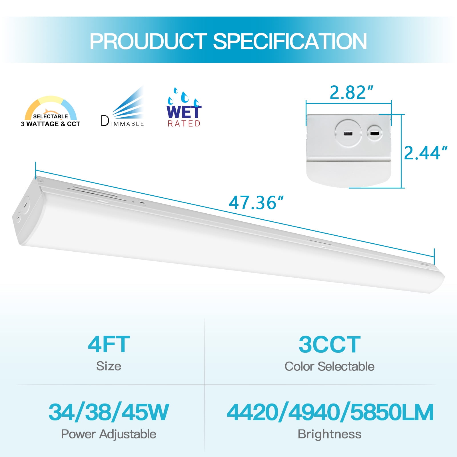 4FT Led Light Fixtures,45W 0-10V Dimmable Led Shop Light,48 Inch Led Light Fixture,5850LM, 3500-5000K, Dimmable 4FT Shop Light,Warehouse,Garage 5 Year Support(Chain Inside Lamp Shade)