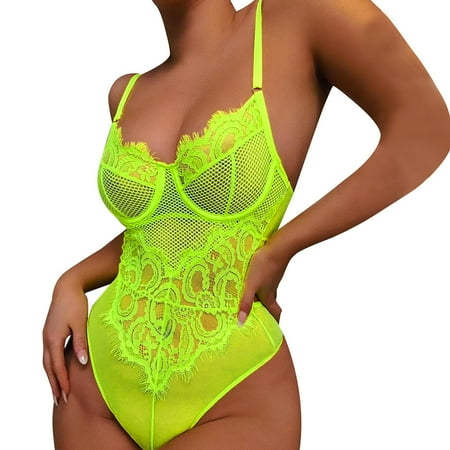 

EHTMSAK Womens Sleepwear Sexy Bodysuit Lingerie See Through Teddy Babydoll Snap Crotch Lace One Piece Green XL