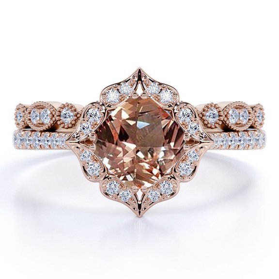 JeenMata 2.25 Carat Cushion Cut created Peach created morganite and Moissanite Pave Wedding Ring Set On 18K Rose Gold Over Silver