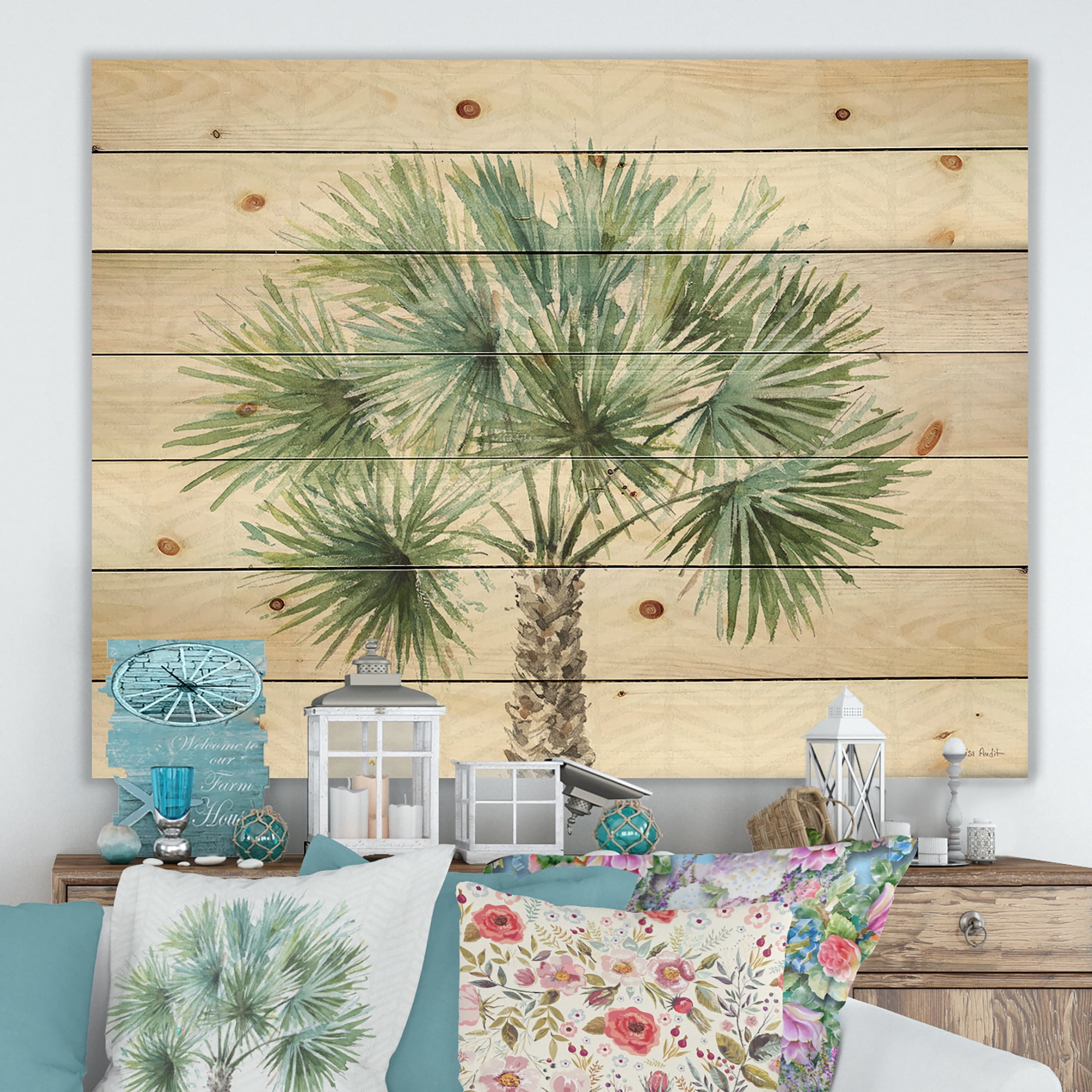 Designart 'Botanical Mixed Green Palms III' Farmhouse Print on Natural Pine Wood