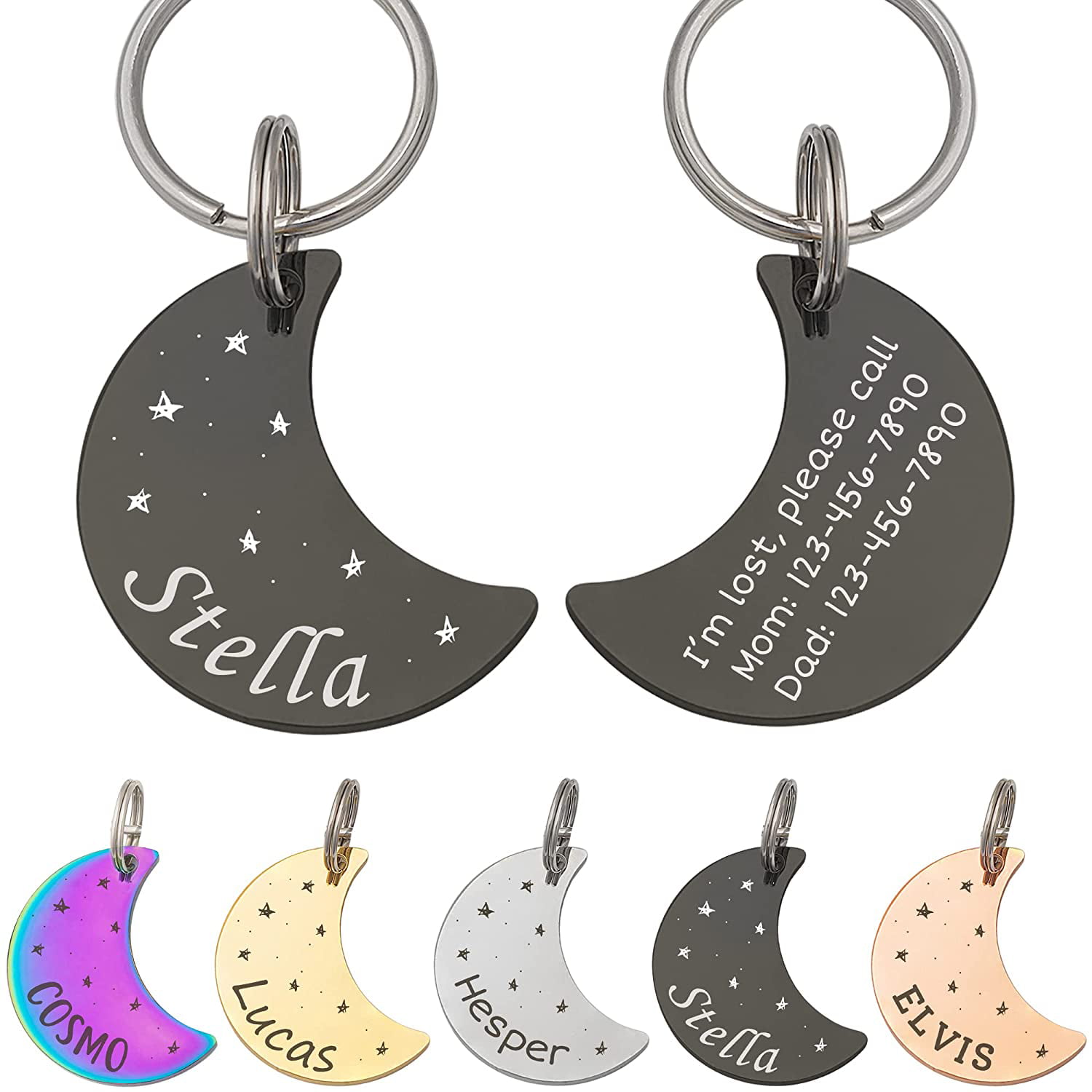 Pet ID Tags in Half Moon & Star Shape, Personalized Dog Name Tag Cat Tag,  Glossy Stainless Steel Gold Plated Black Rainbow Dog Collar Tag -  