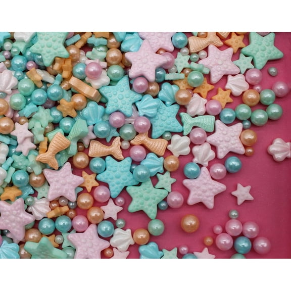 Beach Themed Sprinkles-Under The Sea Edible Candy-8 Ounce Seashell, Starfish, Beads & Mermaid Sprinkles Mix-Seahorse-Cake Topper For Cupcakes