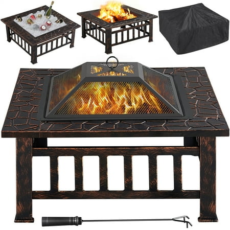 Renwick 32in Outdoor Square Metal Fire Pit with Cover & Poker, Copper
