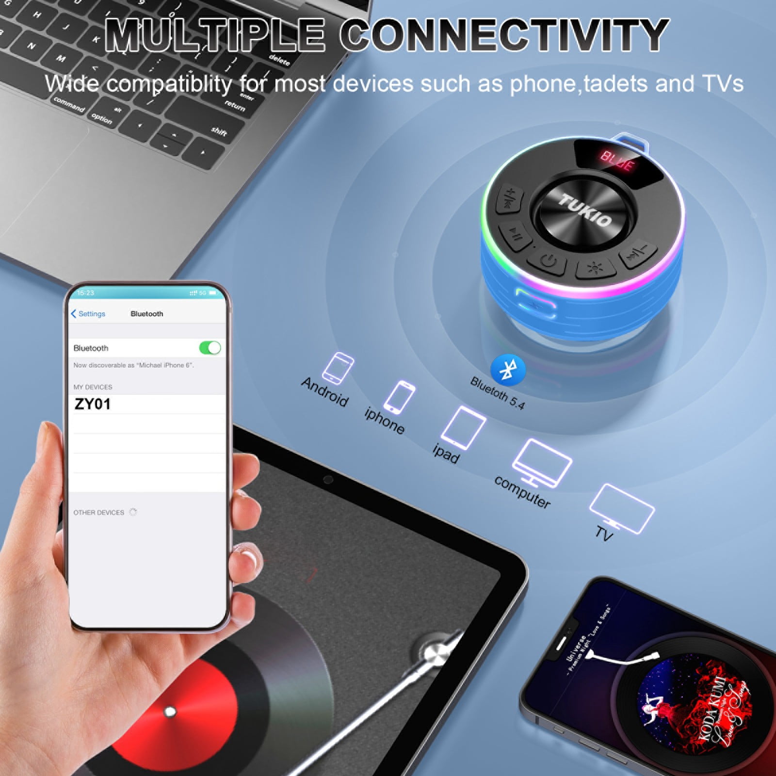 Tukio Bluetooth Speaker, IPX7 Waterproof Shower Speaker with Suction Cup, Mini Portable Speaker, 12H Playtime, Bluetooth 5.4, 360° Sound, RGB LED, Hands-Free Calls, Outdoor Pool Beach Gifts, Blue