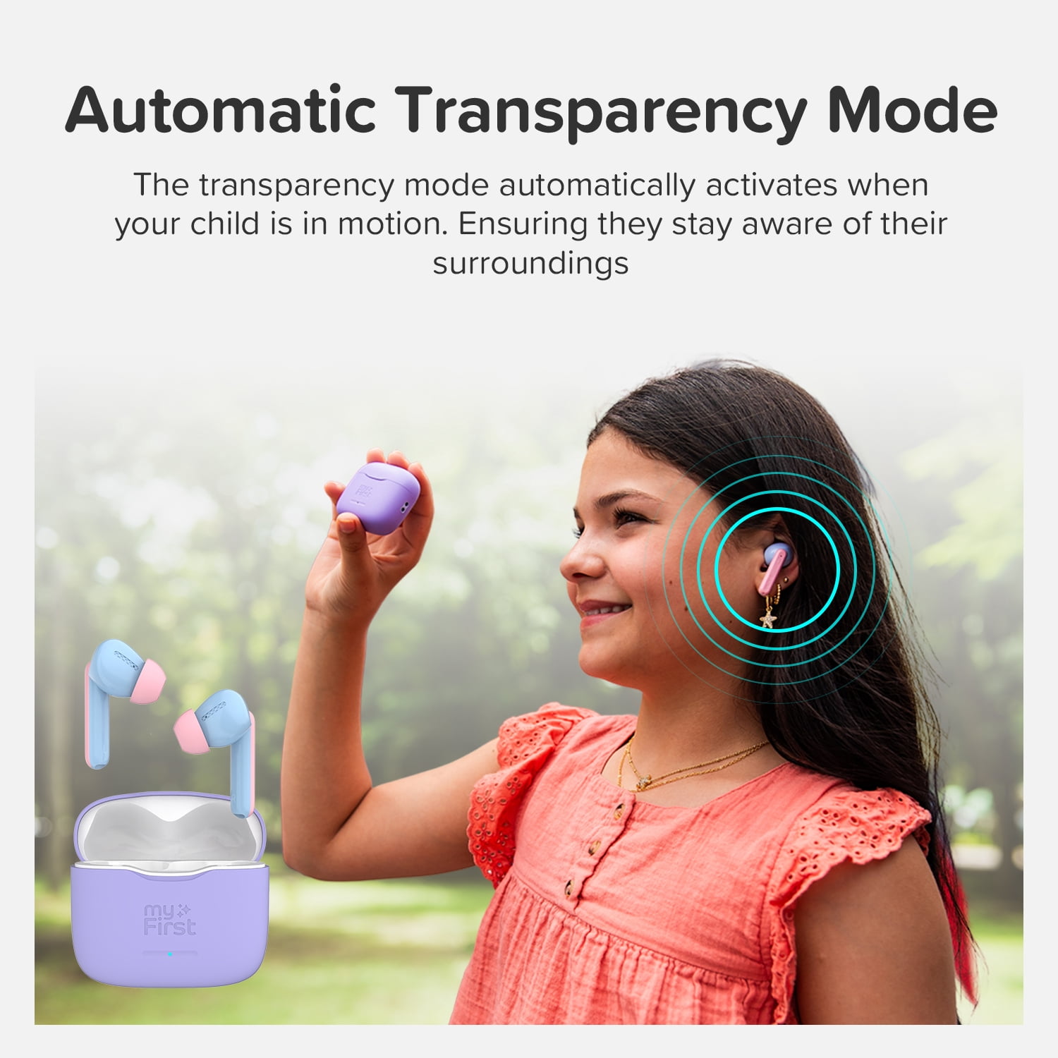 myFirst CareBuds (Cotton Candy) Kids Wireless Earbuds with 85dB Volume Limit, Built-in Mic, 6 Ear Tips, Anti-Lost Strap Easy Pairing, Gift for Kids 4-15
