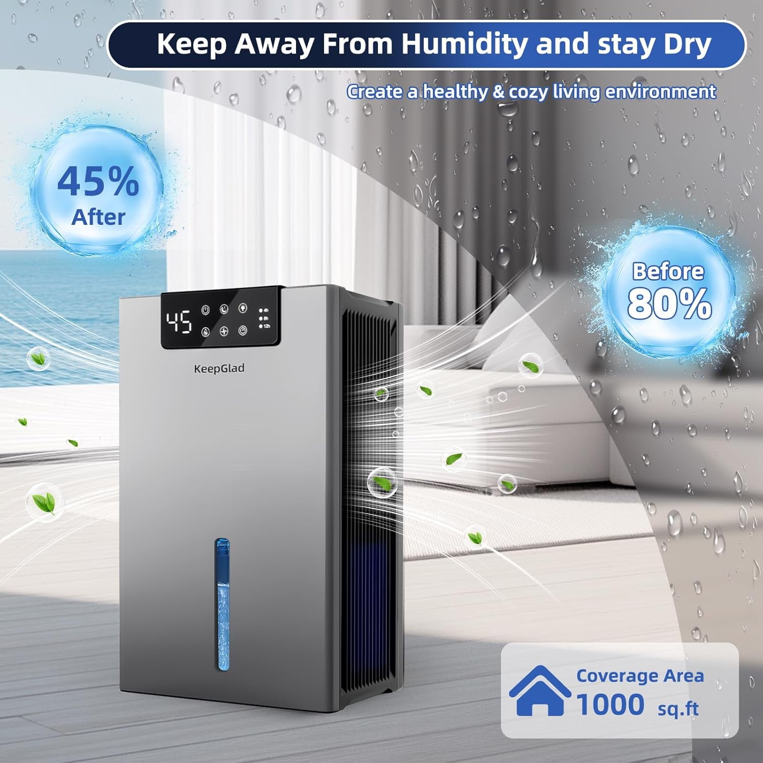 Dehumidifier, 98OZ Dehumidifiers for Home(1000sq.ft), Humidity Display Dehumidifier Basement Bathroom Bedroom, Auto Shut Off, Washable Filter, Drain Hose, Timer, 7 Ambient Lights, Gray