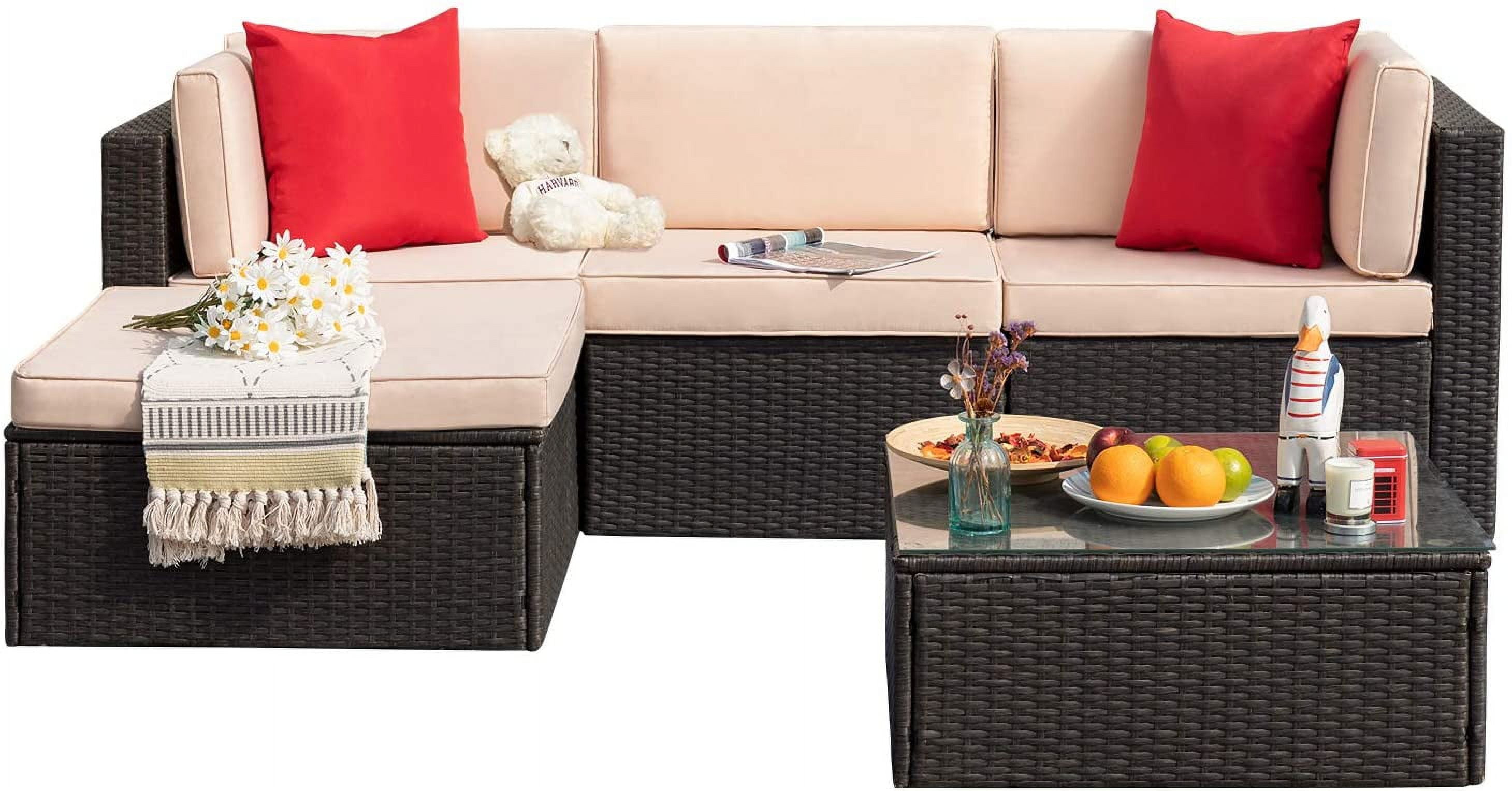 Devoko 5 Pieces Patio Sectional Set Outdoor Wicker Rattan Conversation Sofa, Beige