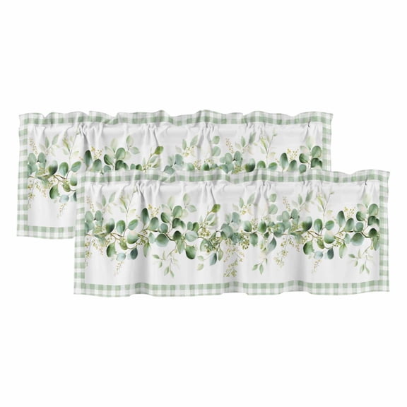 Eucalyptus Leaves Curtain Valances for Windows, Kitchen Valance Window Treatments Panel 2 Pack, Sage Green Plaid Watercolor Rod Pocket Short Curtains for Bathroom Bedroom 42 x 12 Inch