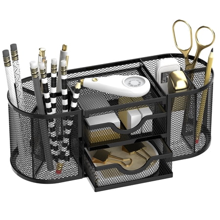 Mesh Desk Organizer Desk Organizers and Accessories Pen Holder with Drawers Pencil Holder for Desk with 2 Drawer for Office Supplies