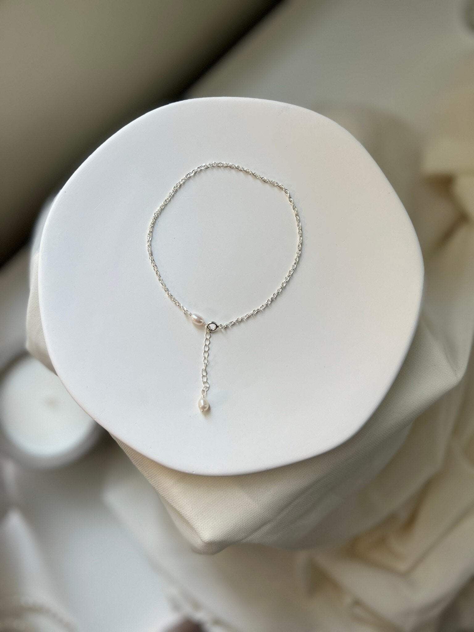 Freshwater Pearl Anklet with Dainty S925 Sterling Silver Chain, Wedding Anklet Gift