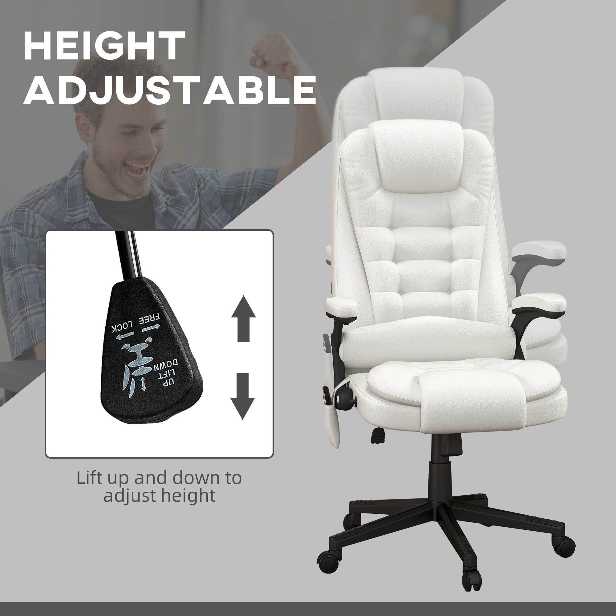 Ergonomic High Back Massage Office Chair with 6 Vibration Points and Heat, Reclining PU Leather Computer Chair with Remote, White for Home Office