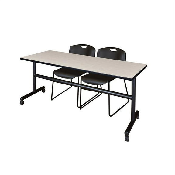72" x 30" Flip Top Mobile Training Table- Maple and 2 Zeng Stack Chairs- Black