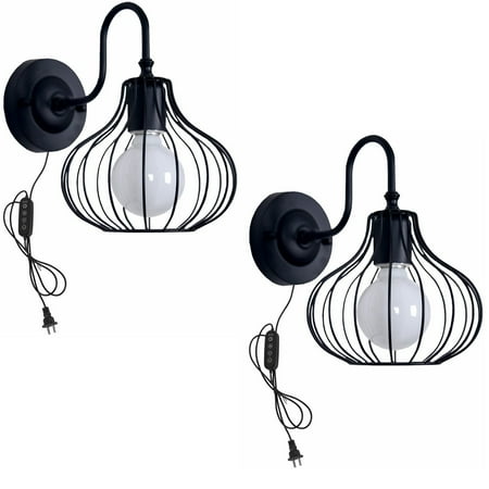 

FSLiving Dimmable Timer Set Wall Lamp 5.9Ft Plug in Cord E26 Base Vintage Design Metal Hollow Cage Shade Black Wall Light Fixture for Home Stairs Bay-Window Bedside Loft Cabinet Hallway - Set of 2