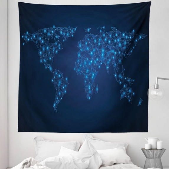 Map Tapestry, Futuristic Modern World Connecting Dots Mesh Low Poly Grid in Dark Aquatic Colors, Fabric Wall Hanging Decor for Bedroom Living Room Dorm, 5 Sizes, Night Blue, by Ambesonne