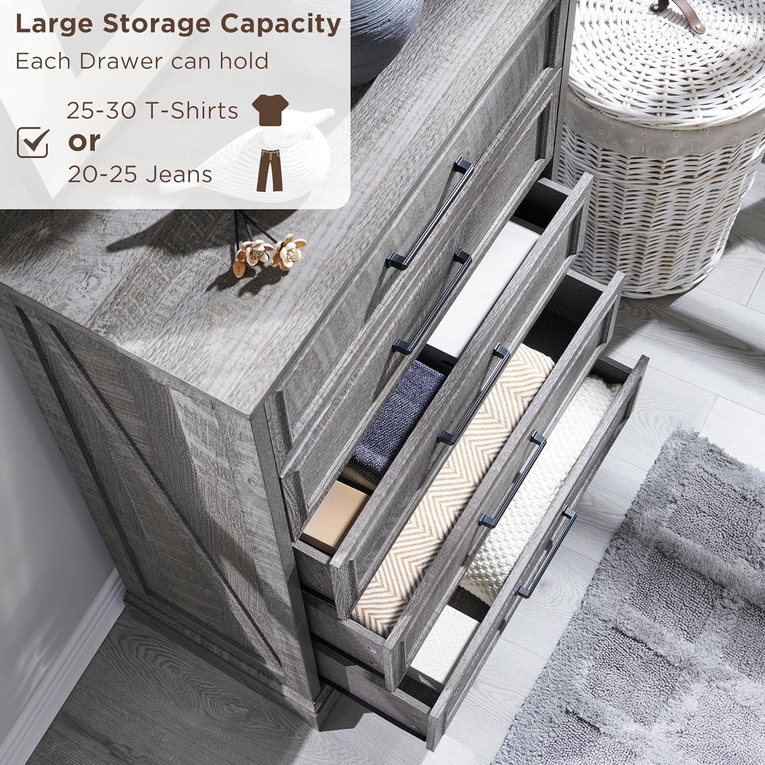 ACCOHOHO 5-Tier Storage Dressers, Wood Rustic Chest of Drawers for Bedroom Living Room, Grey