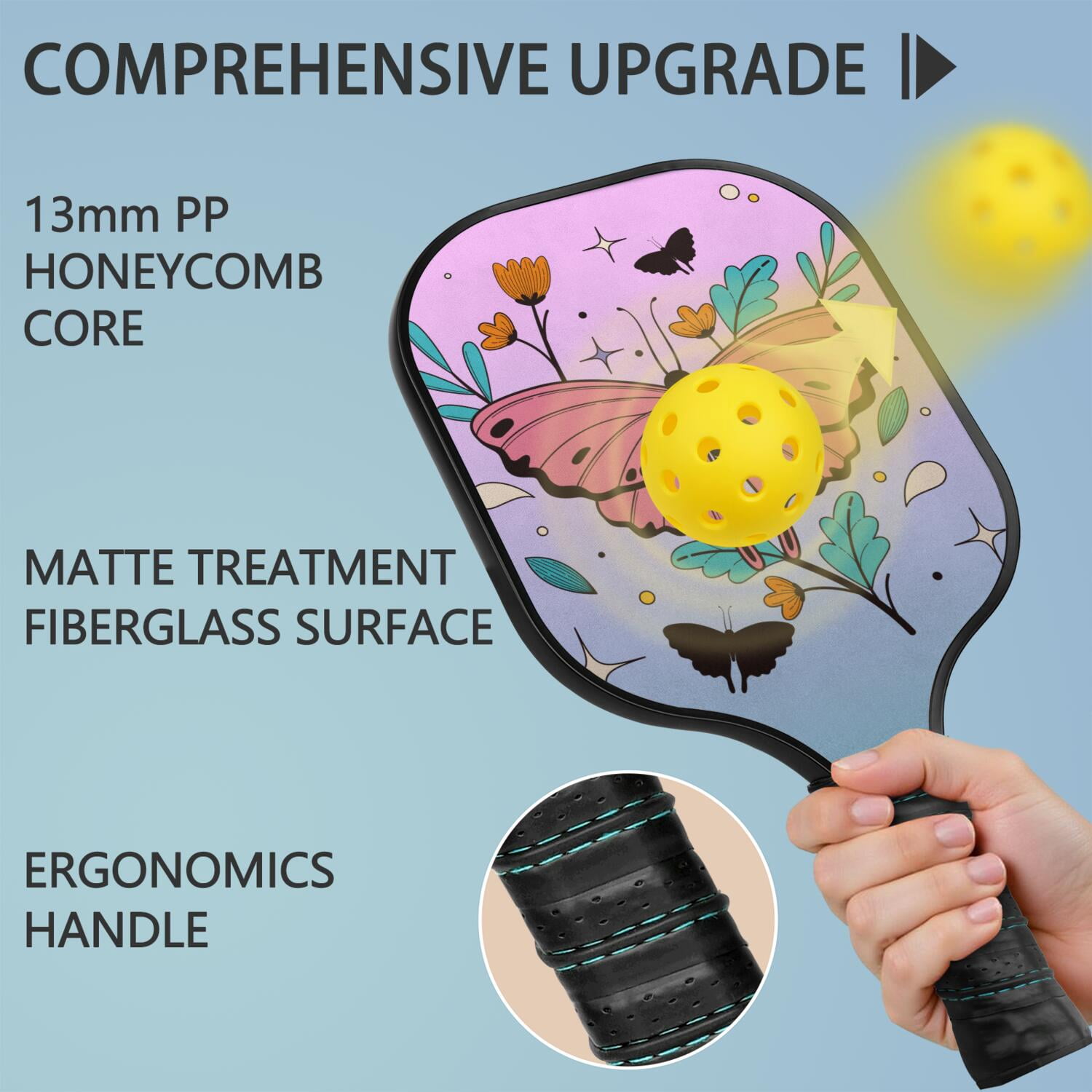 Pickleball Paddles Set Of 2, Fiberglass Surface, Butterfly Print, 4 Balls & Bag