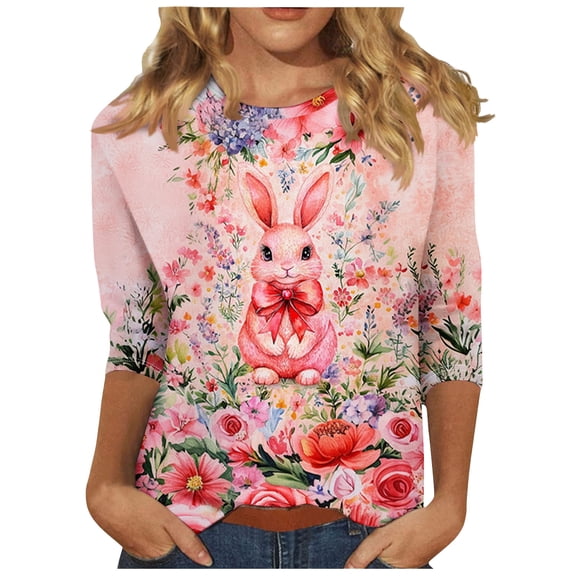 LiMoi Women's Three Quarter Sleeve Seasonal Tees Round Neck Tshirt with Holiday Eggs Print Casual Tops Shirts Blouse My Items