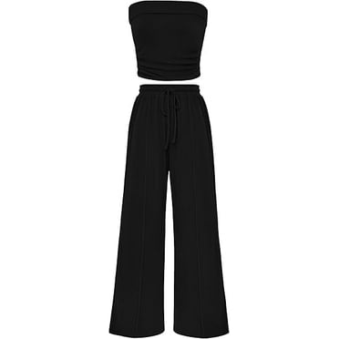PRETTYGARDEN Womens Summer Outfits 2 Piece Sets Casual Ribbed Knit Crop Tube Top Wide Leg Pants Spring Matching Lounge Set