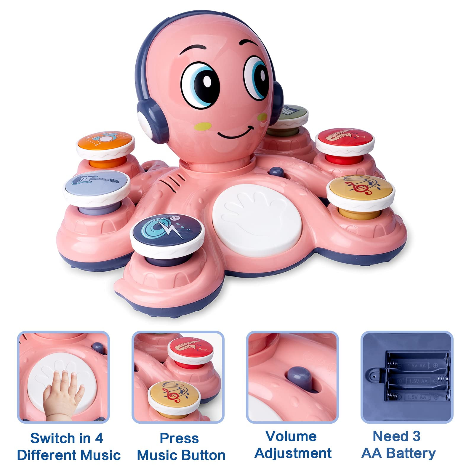 Musical Octopus Toy for Toddlers, Interactive Learning Instrument with 32 Music Modes, Lights & Sounds, 18+ Months