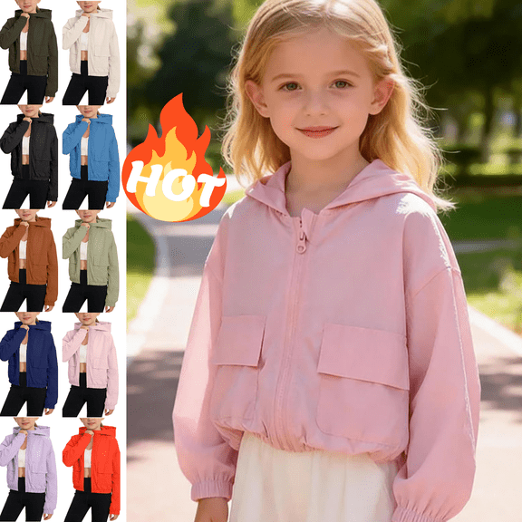 Mifsaly Girls Hooded Windbreaker Jacket Lightweight Sun Protection Coat with Cargo Pockets Kids Full Zip Outdoor Athletic Sportswear 2026 12 Years