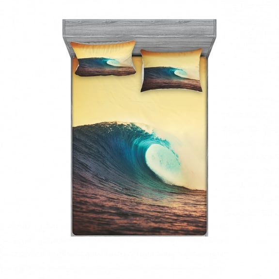 Ocean Bedding Set with Sheet & Covers, Ocean Breaking Wave at Sunset in Warm Colors Sea Seasonal Picture Art, Printed Bedroom Decor 2 Shams, 4 Sizes, Turquoise Yellow Brown, by Ambesonne