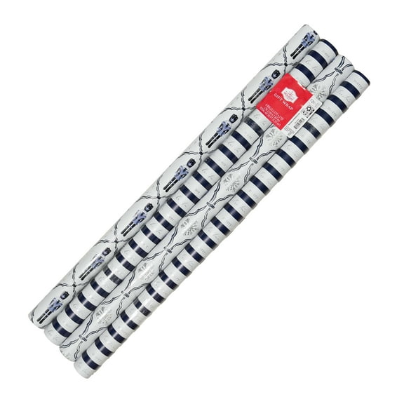 Blue and White Metallic Assorted Christmas Wrapping Paper, 60 sq ft, 4 Rolls, by Holiday Time