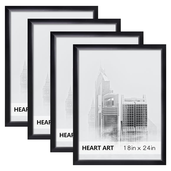 HEART ART Cadre 18x24 Lot de 4, Cadre d'Affiche 18 x 24 Sans Passe-Partout pour Affichage Mural Vertical Ou Horizontal, Noir