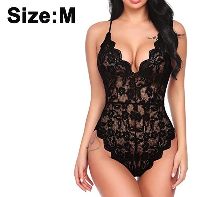 Lencería de una pieza para mujer, body de encaje sexy con escote en V profundo, lencería sexy con estampado de honda en forma de U, lencería sexy
