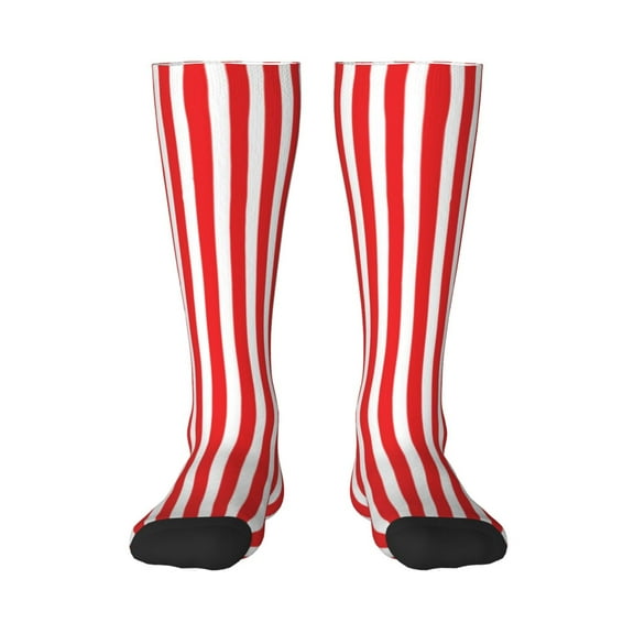 Qokaie Red And White Stripes Print Women’s Trouser Socks, Stretchy Knee High Crew Socks, Fashionable,Breathable,Moisture-Wicking