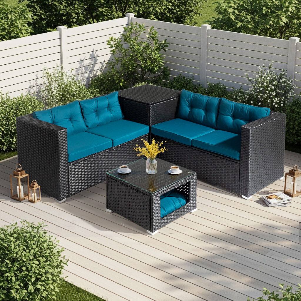 Ktaxon 4PC Patio Furniture Set, Black PE Wicker Modular Sectional with Storage Box, Pet Coffee Table Peacock Green Cushions